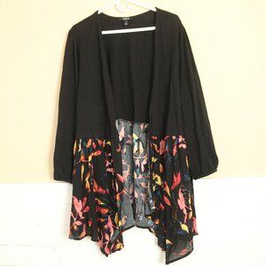 Torrid 3X Cardigan Black Open Front Hanky Hem Watercolor Leaves Knit Sweater